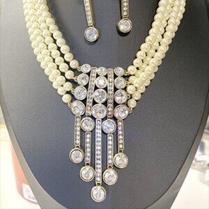 Simulated Pearl and Diamond Crystal Beaded Drop Necklace Set